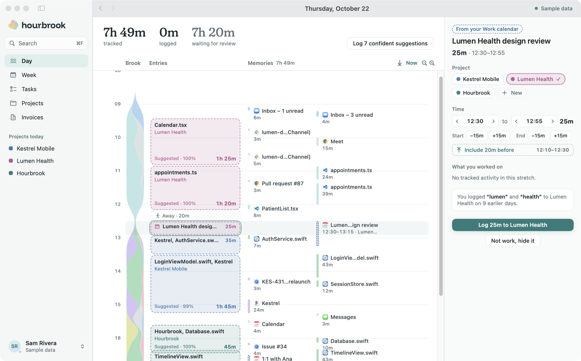 The Day view with a 25-minute Lumen Health design review from the Work calendar selected: it fills a gap in the tracked day, ready to log to Lumen Health.