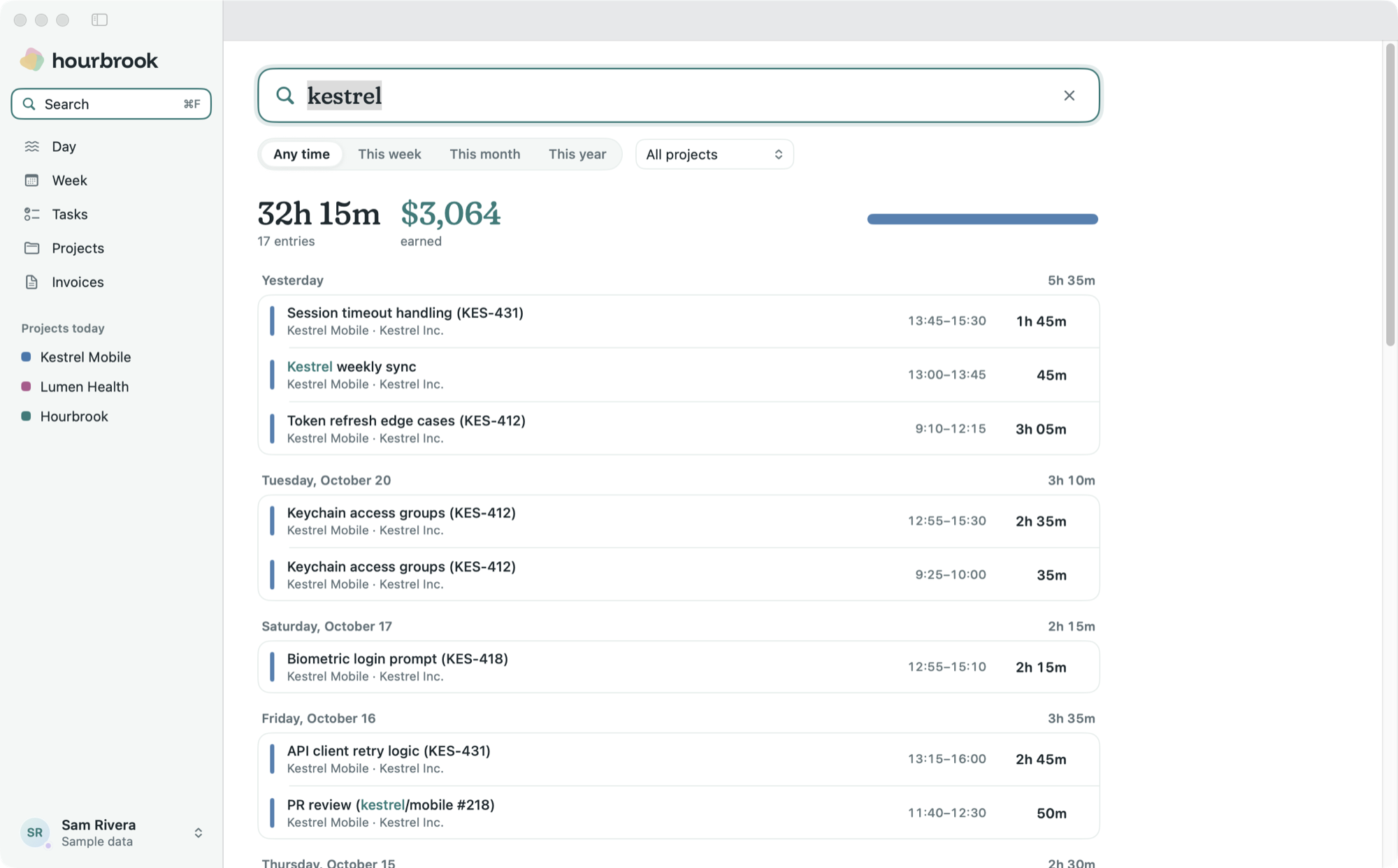 Search for kestrel: 17 entries, 32h 15m and $3,064 earned, with results grouped by day under Yesterday, Tuesday and Saturday.