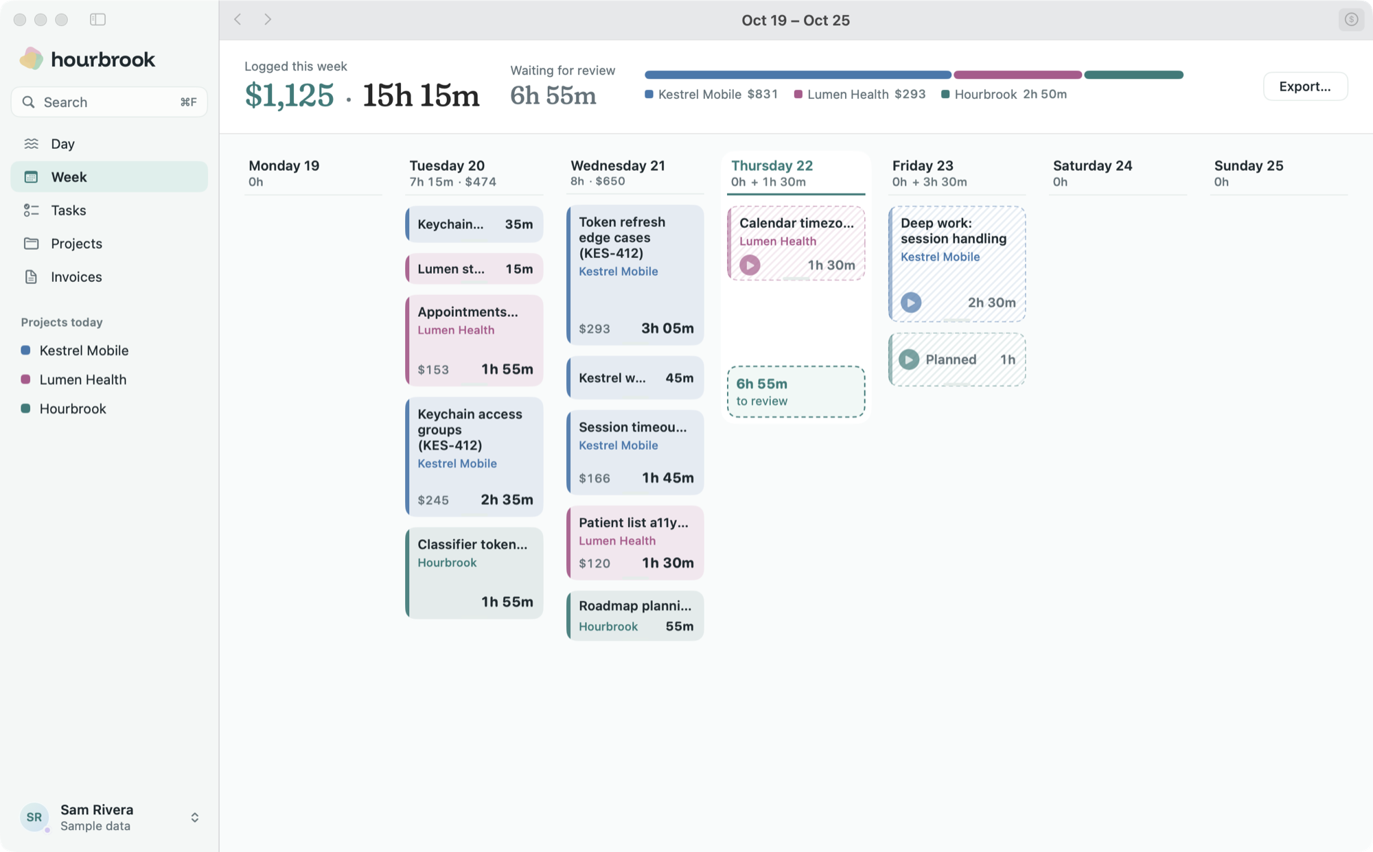 The Week view: entries as tinted cards for each day with hours and earnings, and the week's total of $1,125 for 15h 15m, split across Kestrel Mobile, Lumen Health and Hourbrook.